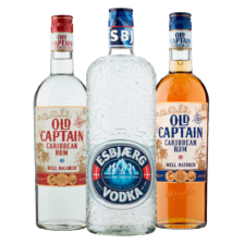 Old Captain rum wit
of bruin fles à 700 ml
of Esbjaerg vodka
fles à 1000 ml